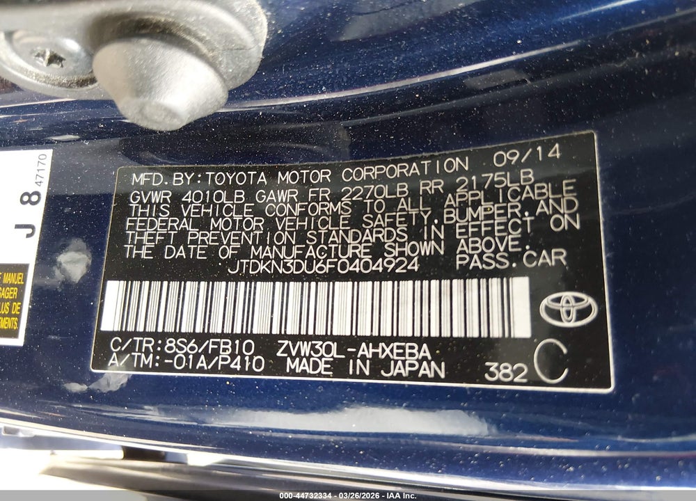2015 TOYOTA PRIUS THREE VIN: JTDKN3DU6F0404924