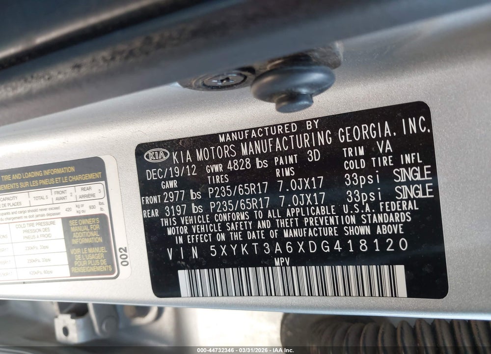 2013 KIA SORENTO LX VIN: 5XYKT3A6XDG418120