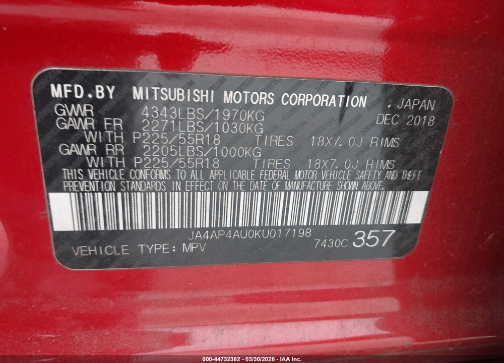 2019 MITSUBISHI OUTLANDER SPORT 2.0 SE VIN: JA4AP4AU0KU017198
