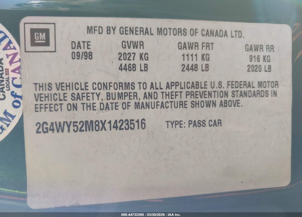 1999 BUICK CENTURY LIMITED VIN: 2G4WY52M8X1423516