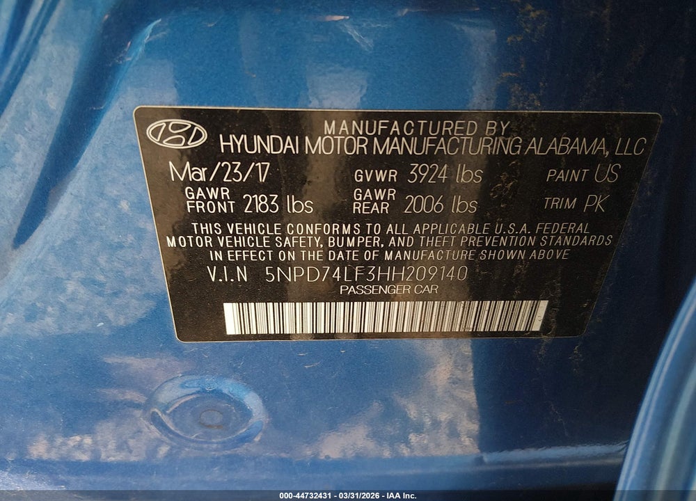 2017 HYUNDAI ELANTRA SE VIN: 5NPD74LF3HH209140