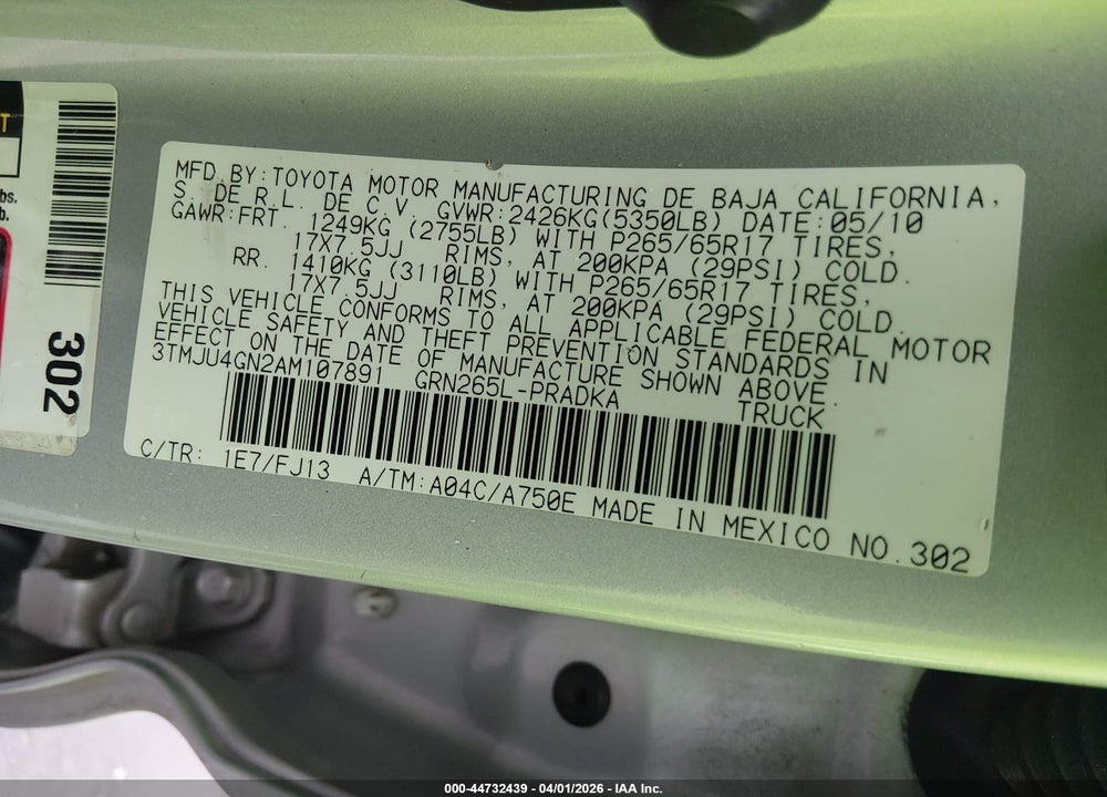2010 TOYOTA TACOMA PRERUNNER V6 VIN: 3TMJU4GN2AM107891
