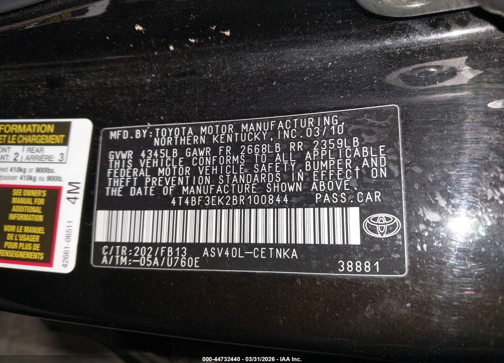 2011 TOYOTA CAMRY LE VIN: 4T4BF3EK2BR100844