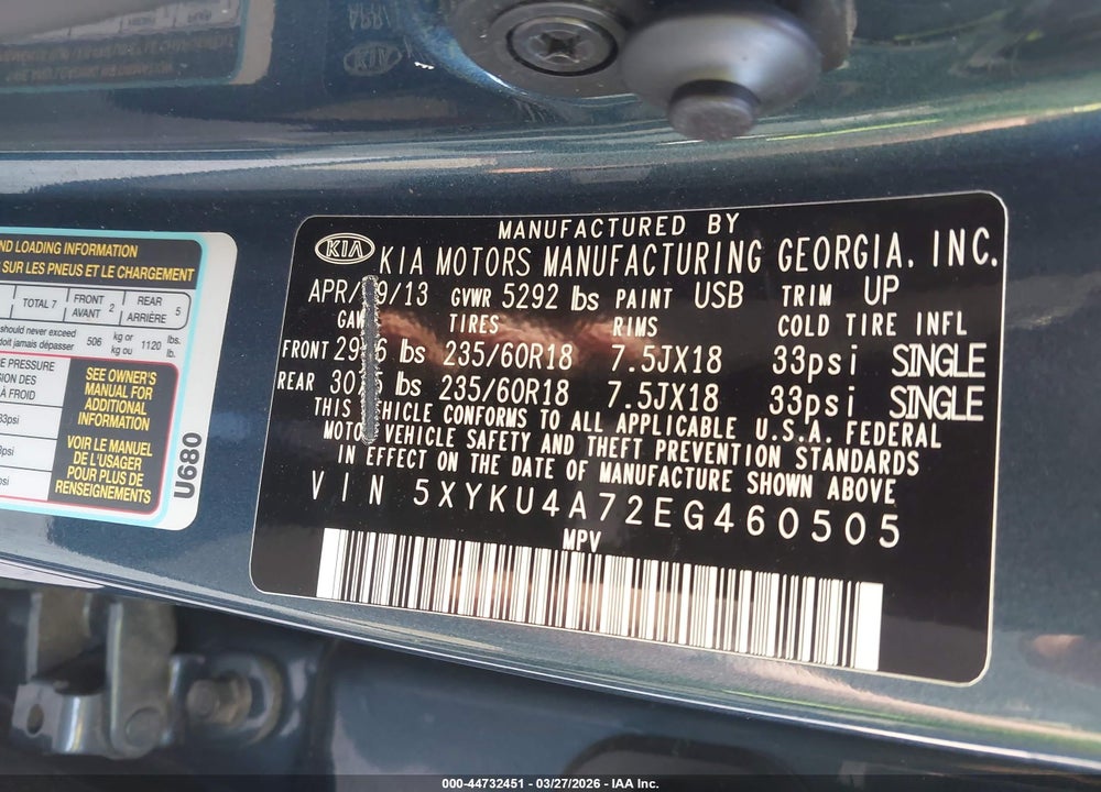2014 KIA SORENTO EX V6 VIN: 5XYKU4A72EG460505