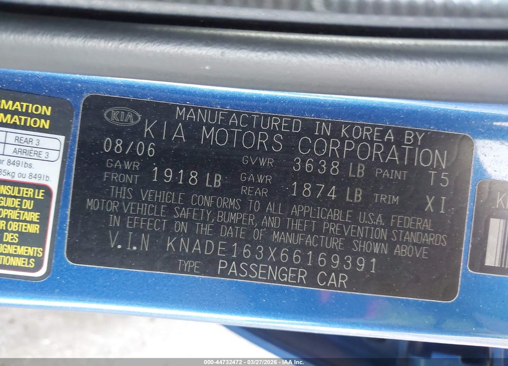 2006 KIA RIO5 SX VIN: KNADE163X66169391