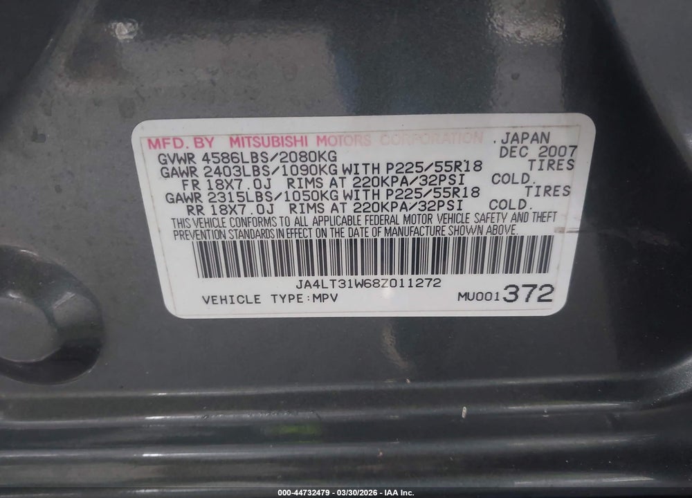 2008 MITSUBISHI OUTLANDER SE VIN: JA4LT31W68Z011272