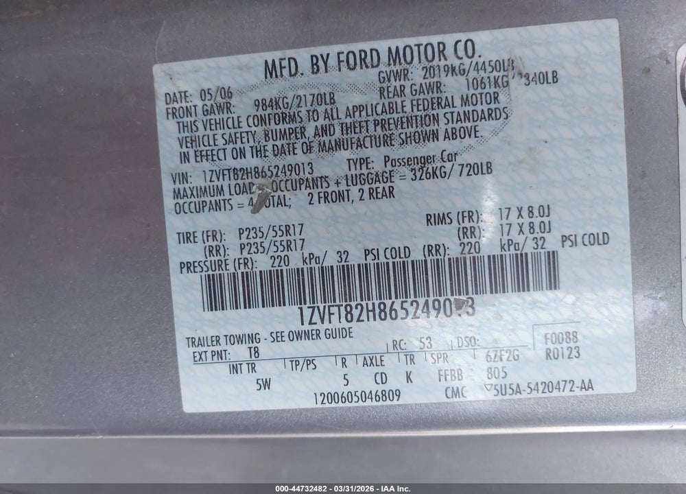 2006 FORD MUSTANG GT VIN: 1ZVFT82H865249013