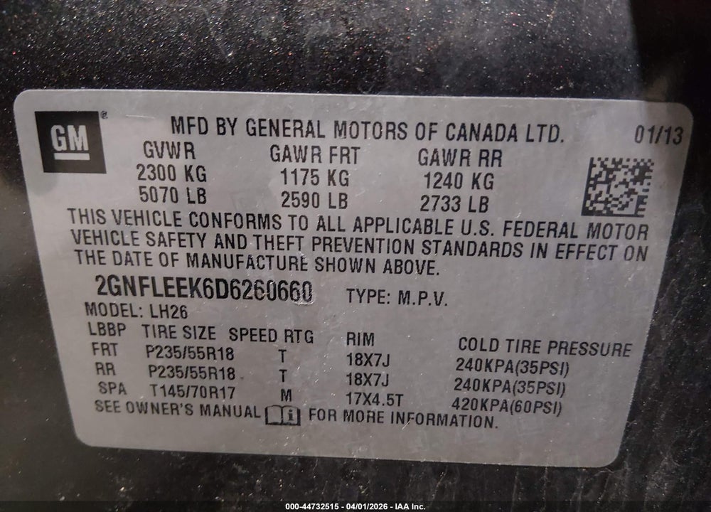 2013 CHEVROLET EQUINOX 1LT VIN: 2GNFLEEK6D6260660