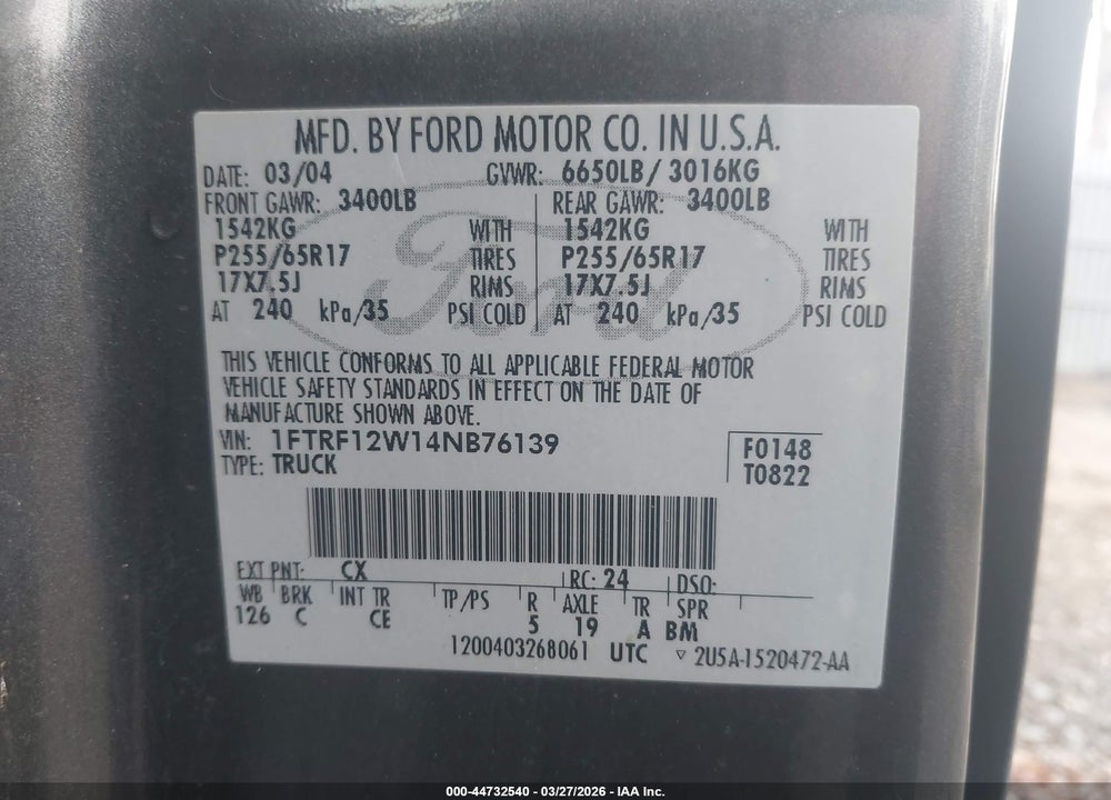 2004 FORD F-150 STX/XL/XLT VIN: 1FTRF12W14NB76139