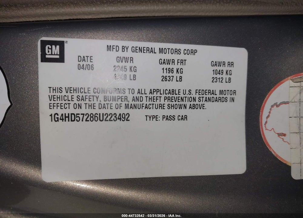 2006 BUICK LUCERNE CXL VIN: 1G4HD57286U223492