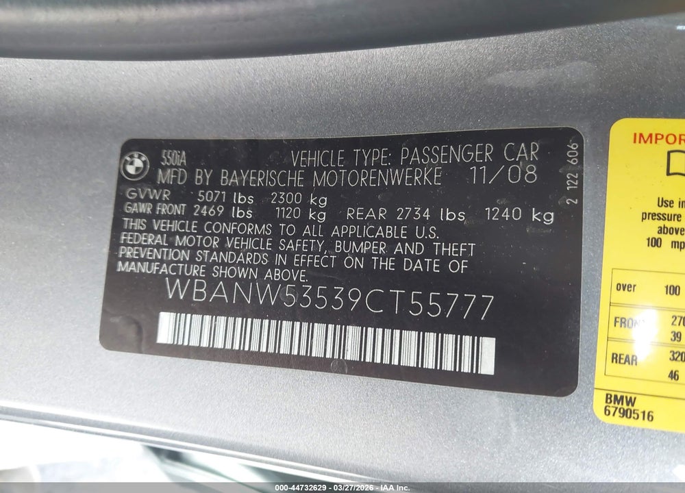 2009 BMW 550I VIN: WBANW53539CT55777