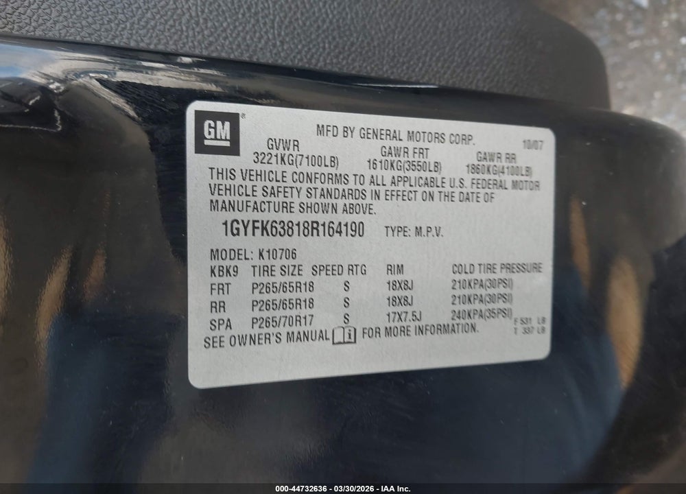 2008 CADILLAC ESCALADE STANDARD VIN: 1GYFK63818R164190