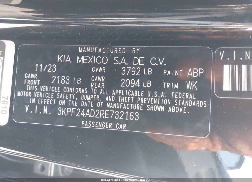 2024 KIA FORTE LXS VIN: 3KPF24AD2RE732163