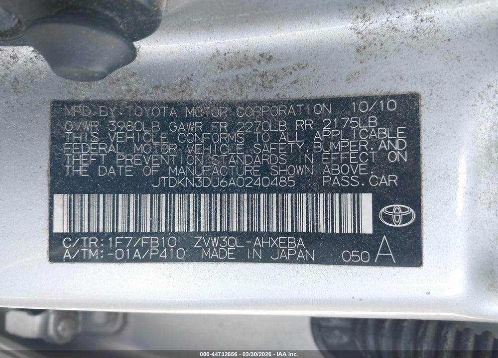 2010 TOYOTA PRIUS II VIN: JTDKN3DU6A0240485