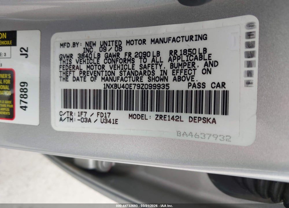 2009 TOYOTA COROLLA S VIN: 1NXBU40E79Z099935