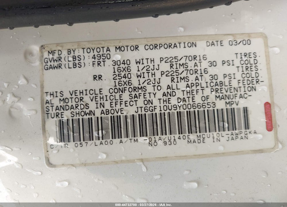 2000 LEXUS RX 300 VIN: JT6GF10U9Y0066653
