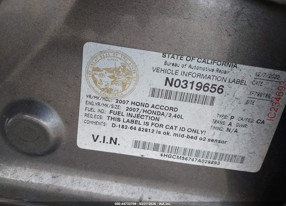 2007 HONDA ACCORD 2.4 EX VIN: 1HGCM56747A028893