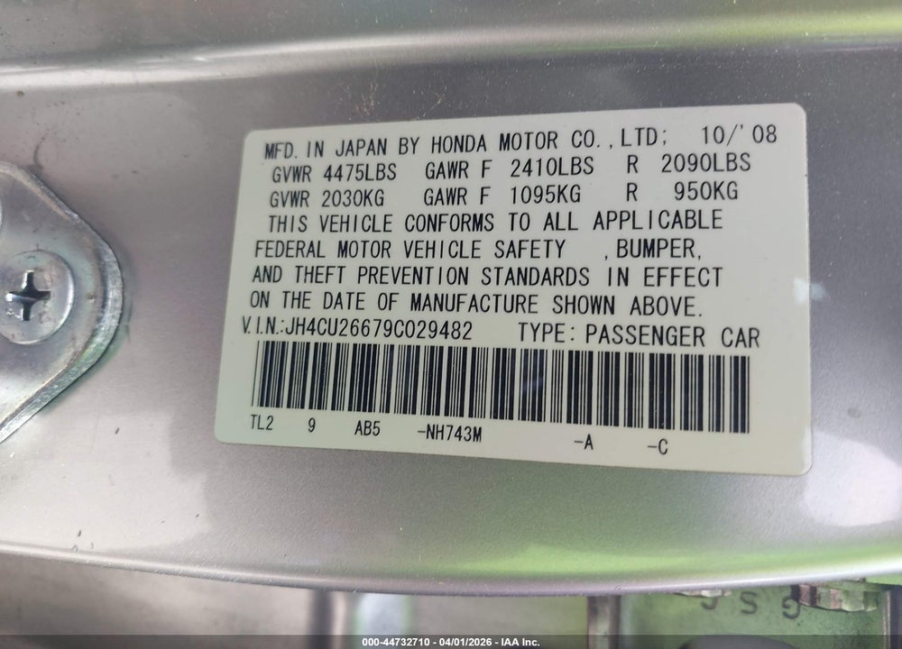 2009 ACURA TSX VIN: JH4CU26679C029482