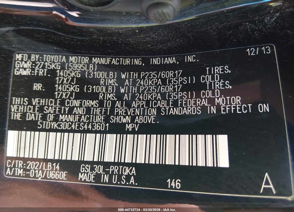 2014 TOYOTA SIENNA XLE V6 8 PASSENGER VIN: 5TDYK3DC4ES443601