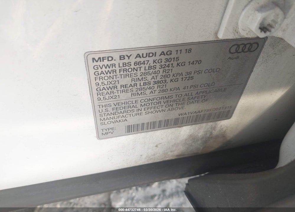 2019 AUDI Q7 55 PREMIUM VIN: WA1VAAF73KD021315