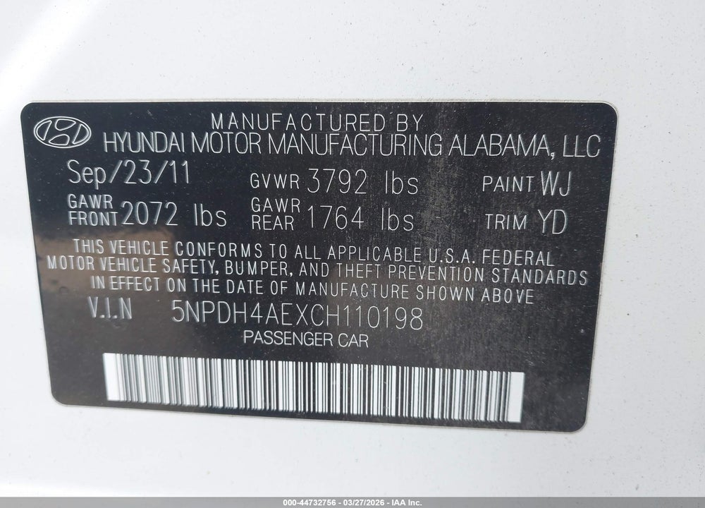 2012 HYUNDAI ELANTRA GLS VIN: 5NPDH4AEXCH110198