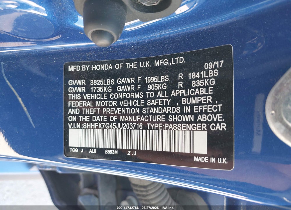 2018 HONDA CIVIC SPORT VIN: SHHFK7G45JU203716