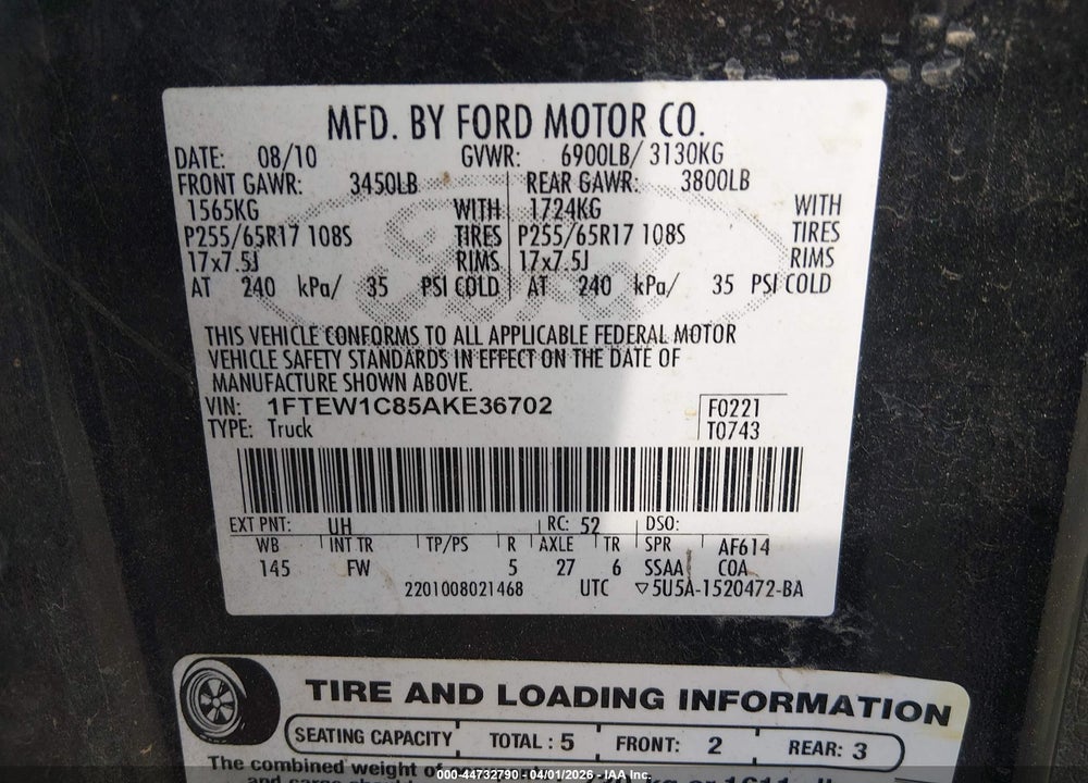 2010 FORD F-150 FX2 SPORT/XL/XLT VIN: 1FTEW1C85AKE36702