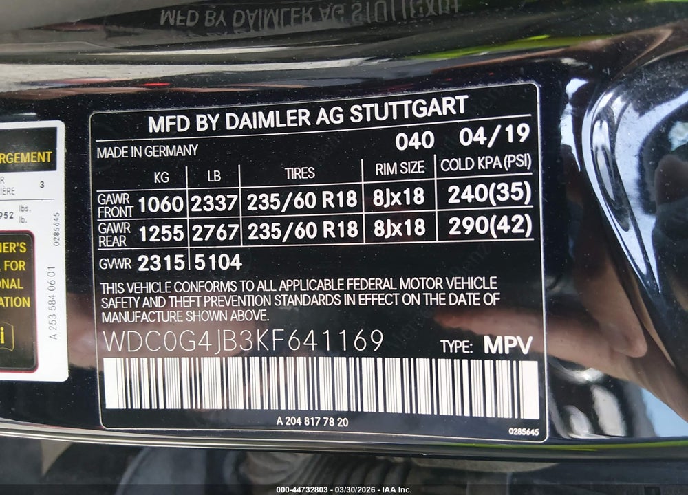 2019 MERCEDES-BENZ GLC 300 VIN: WDC0G4JB3KF641169