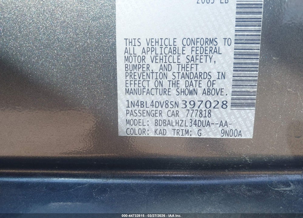 2025 NISSAN ALTIMA VIN: 1N4BL4DV8SN397028