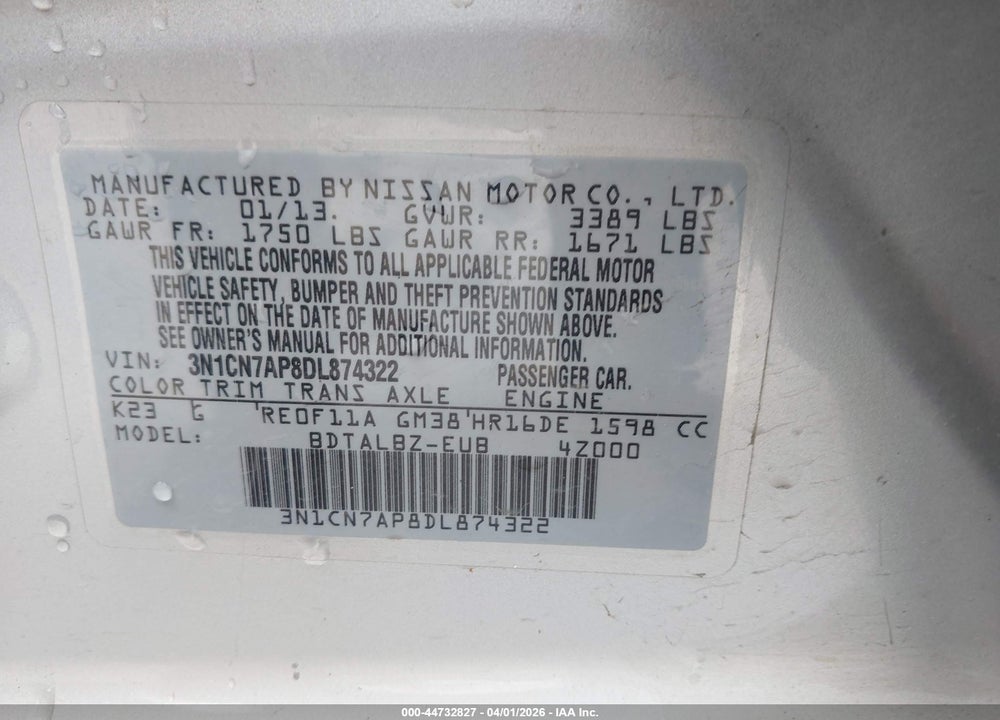 2013 NISSAN VERSA 1.6 SV VIN: 3N1CN7AP8DL874322