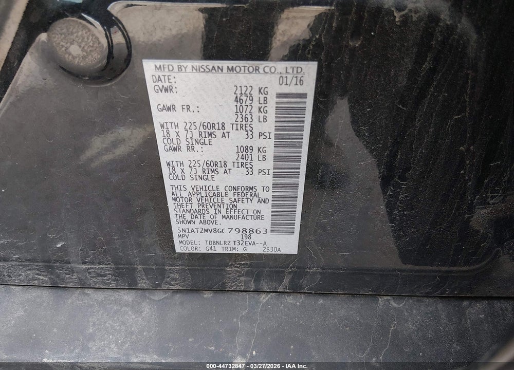 2016 NISSAN ROGUE SL VIN: 5N1AT2MV8GC798863