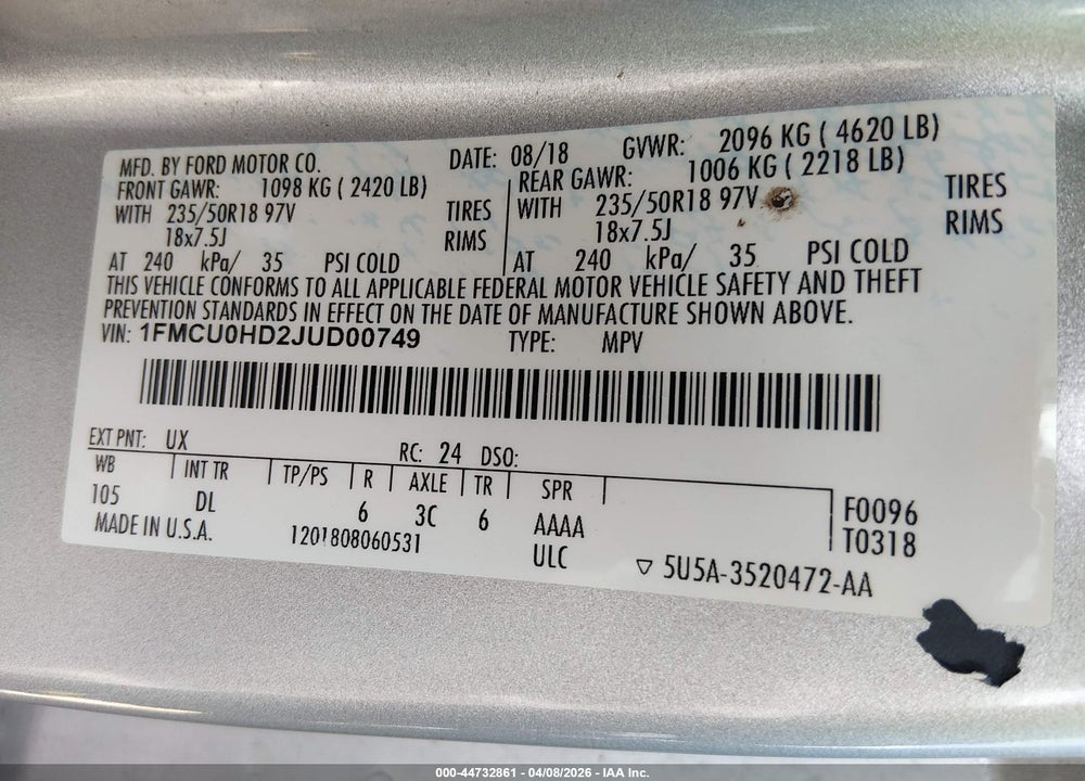 2018 FORD ESCAPE SEL VIN: 1FMCU0HD2JUD00749