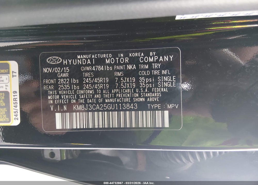 2016 HYUNDAI TUCSON LIMITED VIN: KM8J3CA25GU113843