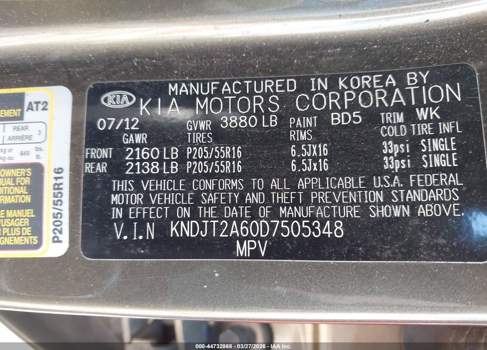 2013 KIA SOUL + VIN: KNDJT2A60D7505348