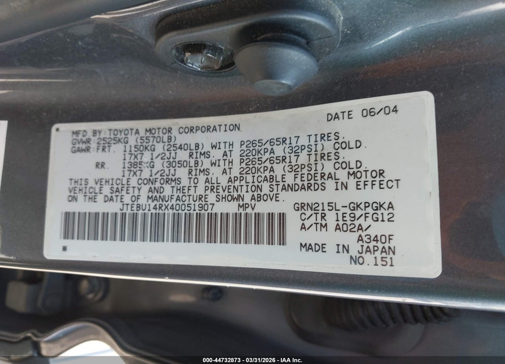 2004 TOYOTA 4RUNNER SR5 V6 VIN: JTEBU14RX40051907