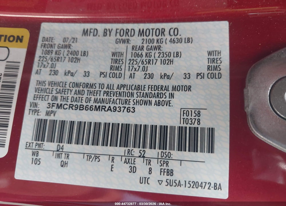 2021 FORD BRONCO SPORT BIG BEND VIN: 3FMCR9B66MRA93763