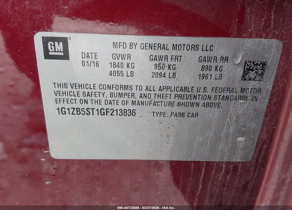 2016 CHEVROLET MALIBU LS VIN: 1G1ZB5ST1GF213836