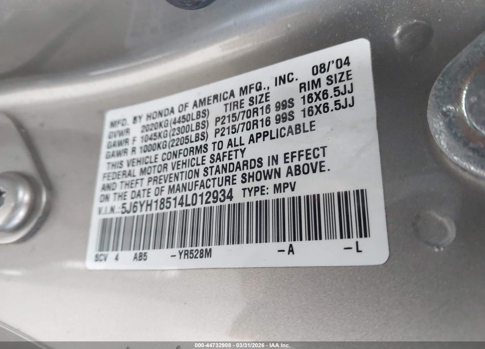 2004 HONDA ELEMENT EX VIN: 5J6YH18514L012934
