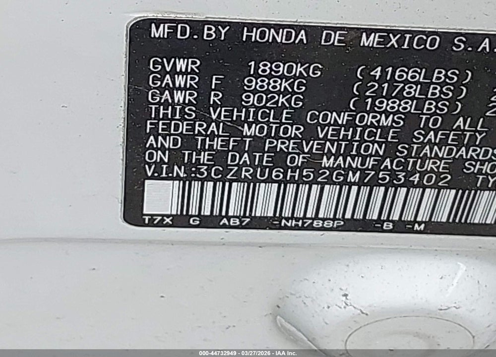 2016 HONDA HR-V EX VIN: 3CZRU6H52GM753402