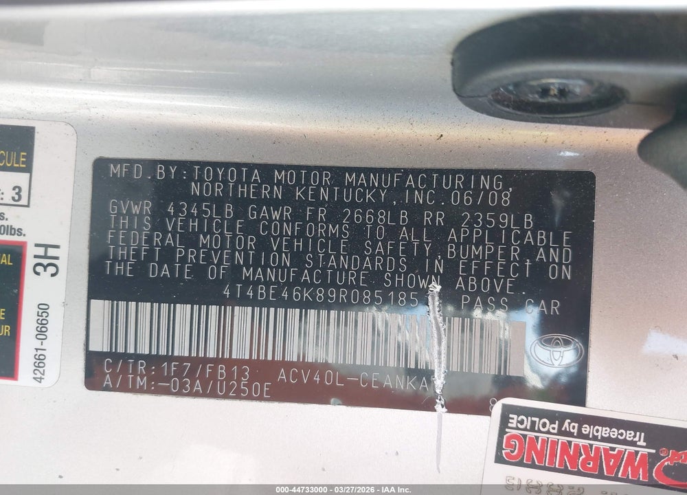 2009 TOYOTA CAMRY LE VIN: 4T4BE46K89R085185