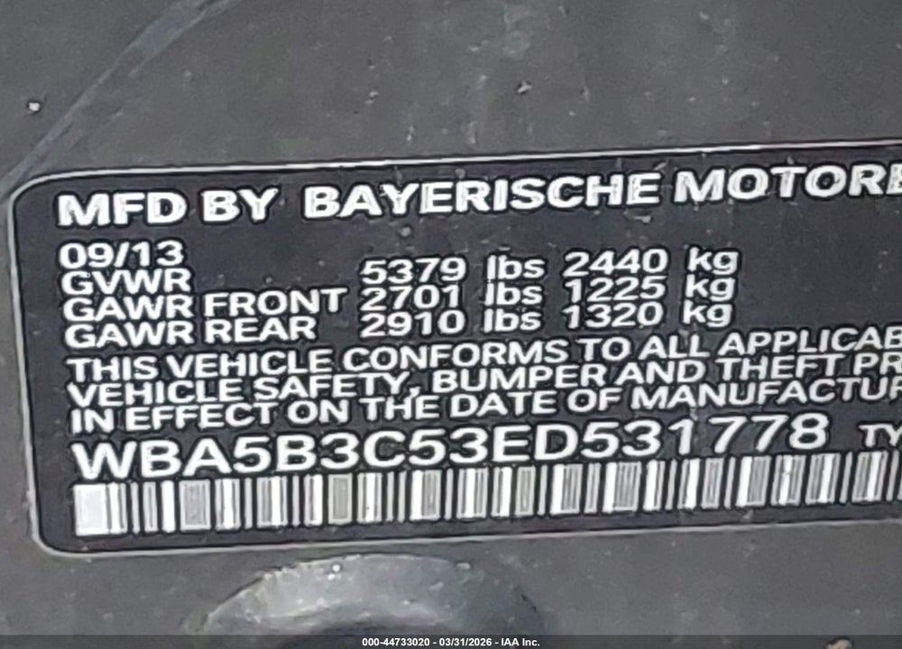 2014 BMW 535I XDRIVE VIN: WBA5B3C53ED531778
