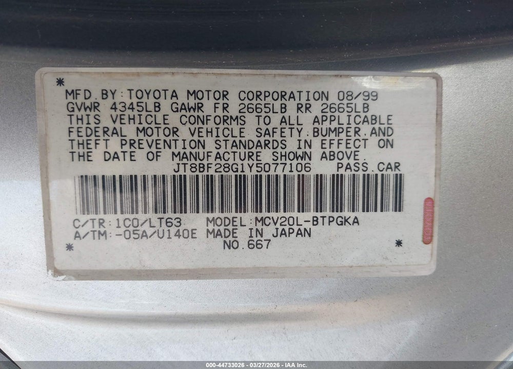 2000 LEXUS ES 300 VIN: JT8BF28G1Y5077106