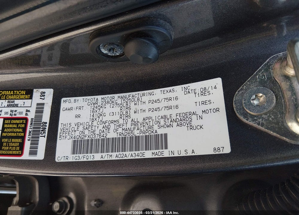 2015 TOYOTA TACOMA PRERUNNER VIN: 5TFJX4GN2FX037642