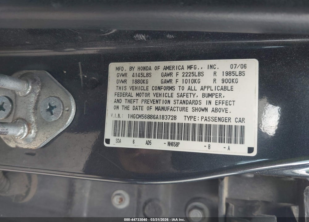 2006 HONDA ACCORD 2.4 EX VIN: 1HGCM56886A183728