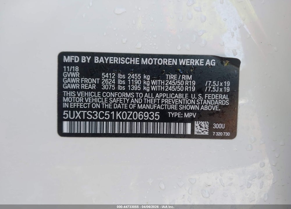 2019 BMW X3 M40I VIN: 5UXTS3C51K0Z06935