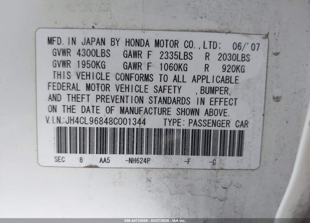 2008 ACURA TSX VIN: JH4CL96848C001344