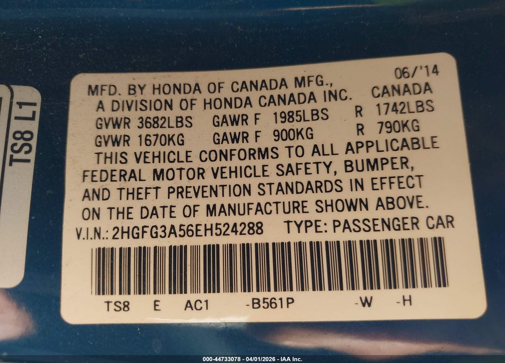 2014 HONDA CIVIC LX VIN: 2HGFG3A56EH524288