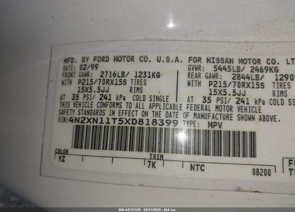 1999 NISSAN QUEST GLE/GXE/SE VIN: 4N2XN11T5XD818399