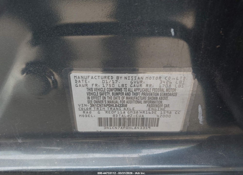 2017 NISSAN VERSA 1.6 SV VIN: 3N1CN7AP0HL843359