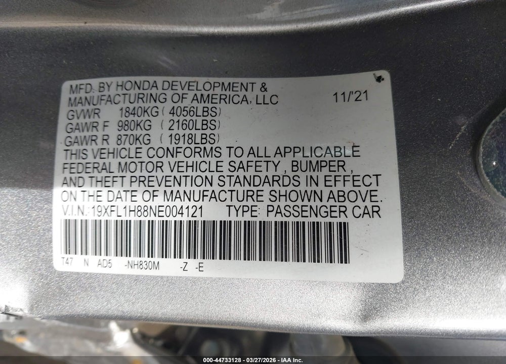 2022 HONDA CIVIC SPORT TOURING VIN: 19XFL1H88NE004121
